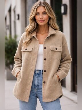 Carly Jean Los Angeles Tan Plush Button-Front Shacket